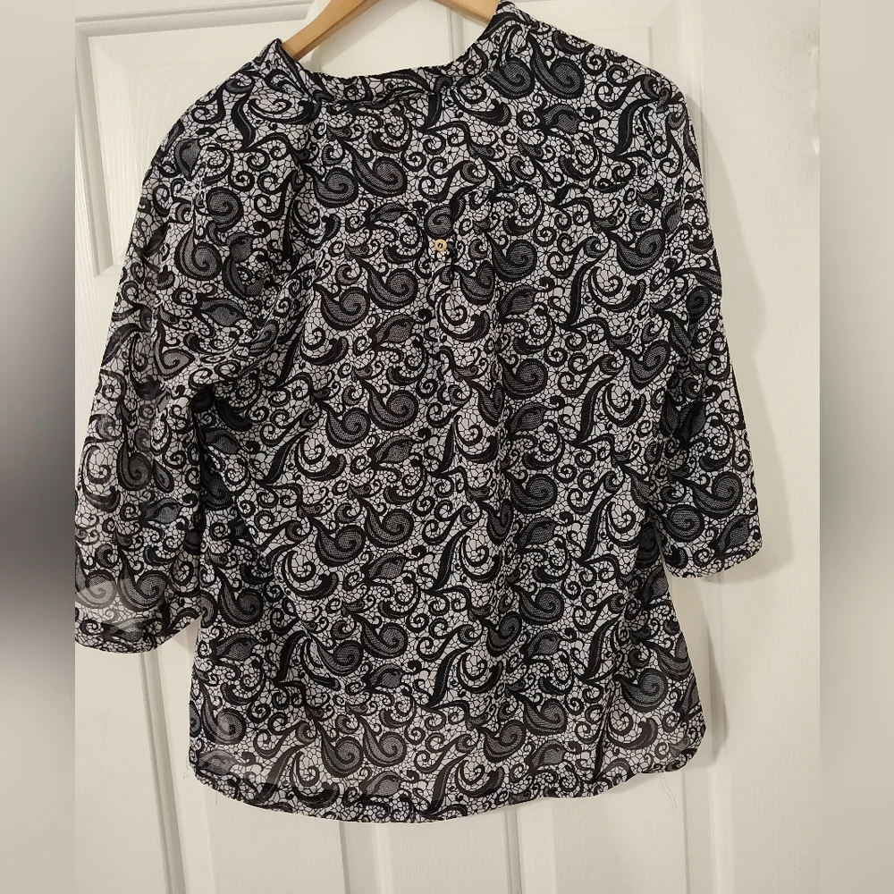 Cato women's blouse, gold buttons, 3/4 sleeve, black/white, size L - Picture 3 of 4